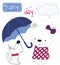 Cute Teddy bear girl with umbrella and puppy. Children`s printing for children, poster, children`s clothing, postcard. Vector illu