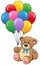 Cute teddy bear holding balloons