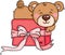 Cute teddy bear lying on gift box with ribbon bow