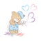 Cute Teddy bear in a overall and beret. Bear with palette and brush.