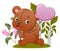 The cute teddy bear is running and holding his balloon in the flowers garden