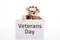 Cute teddy bear in soldier uniform and a Veterans day text card isolated against white background