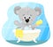 A cute teddy bear is washing in the bathroom with baby soap. Vector illustration in cartoon flat style.