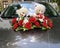 Cute teddy bear wedding ornament on a car