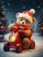 A cute teddy bear in winter clothes sits on a motorized cart and rides around the Christmas tree.