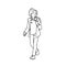 Cute teen girl with headphones and backpack taking a walk. Monochrome vector illustration of teenage girl in jacket