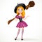 Cute teenage redhaired witch in purple dress with a broom on her shoulder