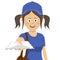 Cute teenager delivery girl with envelope in blue uniform on white background