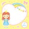 Cute template in pastel colors with heart-shaped frame, little princess, rainbow, comet, stars.