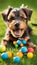Cute terrier puppy or puppies playing with toys and balls on a grassy lawn illustration Artificial Intelligence artwork generated