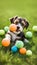 Cute terrier puppy or puppies playing with toys and balls on a grassy lawn illustration Artificial Intelligence artwork generated