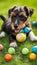 Cute terrier puppy or puppies playing with toys and balls on a grassy lawn illustration Artificial Intelligence artwork generated