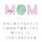 Cute textile font in pastel pink and blue. For Mother`s day, birthday, baby shower, clothes decorative elements. Floral and polka