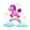 Cute textile unicorn toy running on the rainbow. Vector illustration.