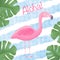 Cute textured flamingo with tropical leaves and Aloha sign on striped blue background. Good for printing and postcard