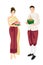 cute Thai couple in traditional red dress on floating flowers Loy Krathong festival on white background isolated