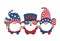 Cute Three America Gnomes 4th July Summer theme cartoon doodle vector illustration