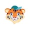 Cute tiger character, with crying and tears emotions. Wild animals of africa, sad cartoon muzzle in a cap