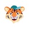 Cute tiger character, face with angry emotions. Wild animals of africa, grumpy cartoon muzzle in a cap