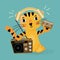 Cute tiger cub in headphones with retro receiver and cassette. A contented happy character shows that everything is cool