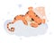 A cute tiger cub in a pink nightcap sleeps hugging a cloud. Vector Illustration. The concept of a sleeping animal for