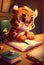 Cute tiger cub schoolboy doing homework. AI generated