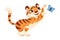 Cute Tiger Cub with Striped Orange Fur Playing with Butterfly Vector Illustration