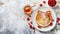 Cute tiger face pancake with berries and honey on white plate, bright background with text space