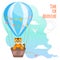 A cute tiger flies in a hot air balloon to meet adventures. Poster with lettering. Symbol of the year. Cartoon vector