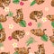 Cute tiger kittens seamless pattern, cartoon drawn funny animals, wild cat kitten, with abstract flowers on light background