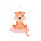 Cute tiger is sitting on the pink cloud. Nursery vector concept illustration.