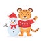 Cute tiger in a sweater with snowman. Year of the tiger. Happy New Year. Vector illustration