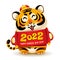 Cute tiger with traditional costume hold Chinese scroll 2022. Chinese New Year. The year of the tiger
