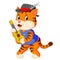 The cute tiger uses the black hat and playing the guitar