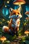 A cute tiny fox in a magical mushroom village, built beneath a giant pak tree, cartoon, fantasy, digital anime art