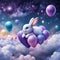 Cute tiny gray bunny on balloons above clouds purple