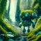 A cute tiny modern robot walks along a path in the forest. symbiosis of science and nature. Generative AI