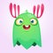 Cute tiny monster baby with pink horns and smile. Vector isolated.