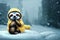 cute tiny sloth dressed in warm yellow overcoat winter day snow snowing Jean Baptiste Monge Illustration Dramatic Lighting 3D