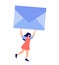 Cute tiny vector woman carrying huge envelope overhead. Female character present blue craft mail. Flat cartoon