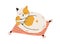 Cute tired cat sleeping on pillow with its tail in paw. Sleepy adorable kitty lying on rug. Peaceful funny animal drawn