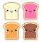 Cute toasts with chocolate, jam and peanut butter. In kawaii style with smiling face and pink cheeks. Cute cartoon toast for desi
