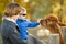 Cute toddler boy looking at an alpaca at a farm zoo on autumn day. Children feeding a llama on an animal farm. Kids at a petting