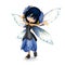 Cute toon fairy wearing blue flower dress with flowers in her hair posing on a white background