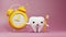 Cute tooth character holding toothbrush and buzzing alarm clock standing on pale pink background. Child dental