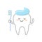 Cute tooth character with toothpaste cap holding toothbrush. Kawaii smiling face. Teeth brushing habit dental health routine