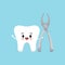 Cute tooth with dental nipper tool icon isolated on blue background.