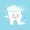 Cute tooth emoji in foam brushing himself with toothbrush.