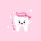 Cute tooth emoji girl with pink toothbrush paste and bow on head and sparkles.