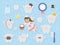 Cute tooth fairy stickers set. Kawaii fantasy princess with funny smiling toothbrush, molar, medal, toothpaste, teeth. Funny